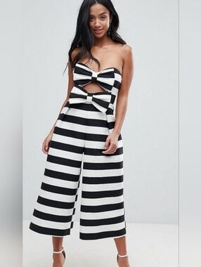 ASOS Petite Black & White Striped Wide-Leg Jumpsuit with Bow Accents